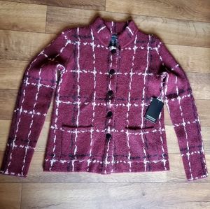 Adrienne Vittadini Maroon Windowpane Plaid Button Up Cardigan Sweater Size XS